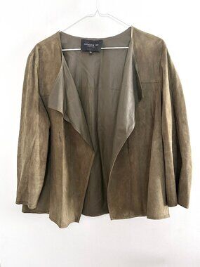Lafayette 148 New York Olive Suede Leather Open Front Jacket Size L Luxury Drape